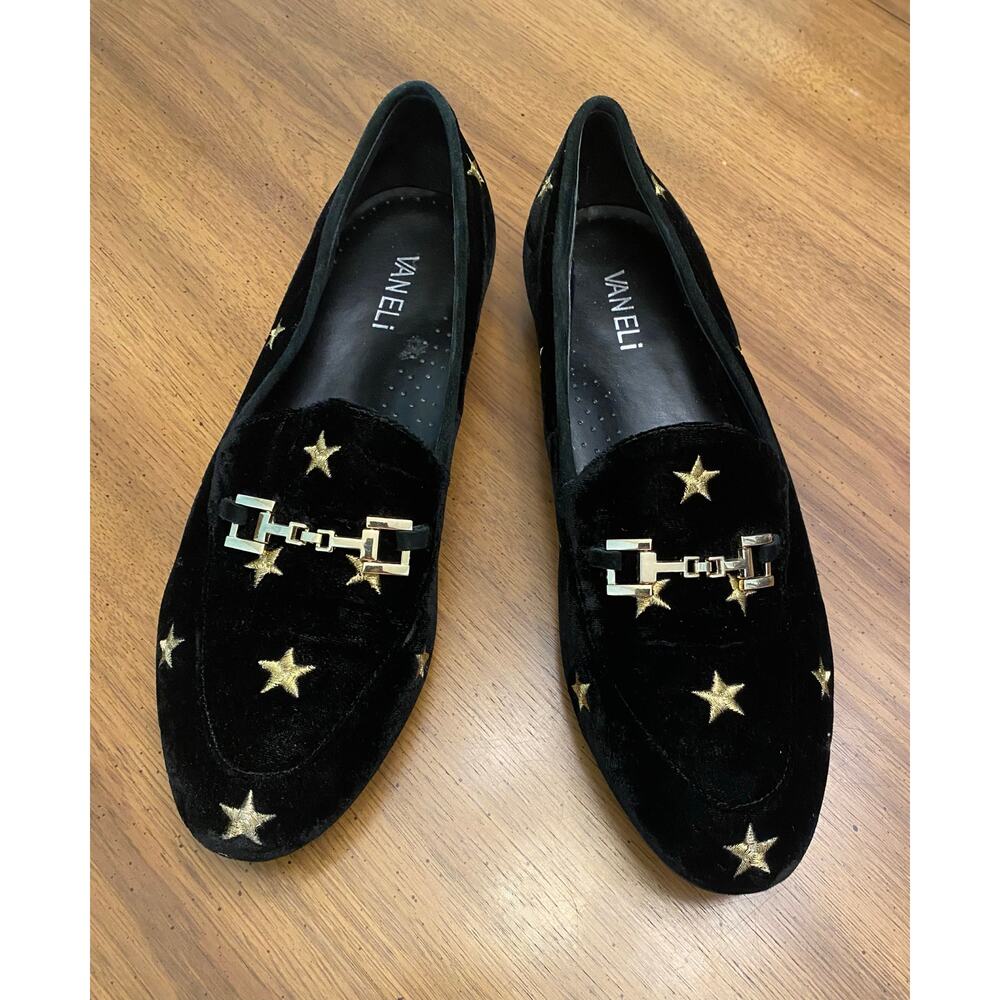 VANELi Gezzel Black Velvet Slip On Loafer Gold‎ Stars & Hardware Size 9.5M
